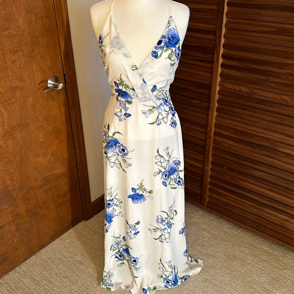 LUSH floor length white and blue floral dress Size S